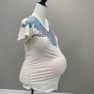 Motherhood Maternity Cream and Blue Short Sleeve Top